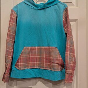 Reworked upcycle sweatshirt and flannel, teal peach size medium